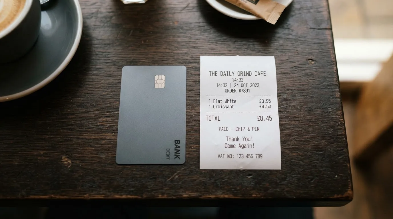 A receipt and a card on a café table