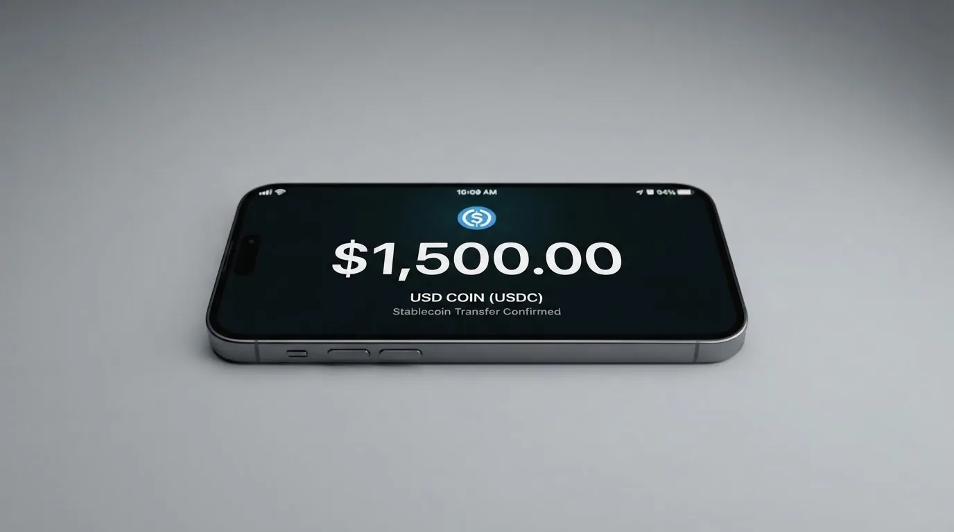 A phone showing a stablecoin transfer screen