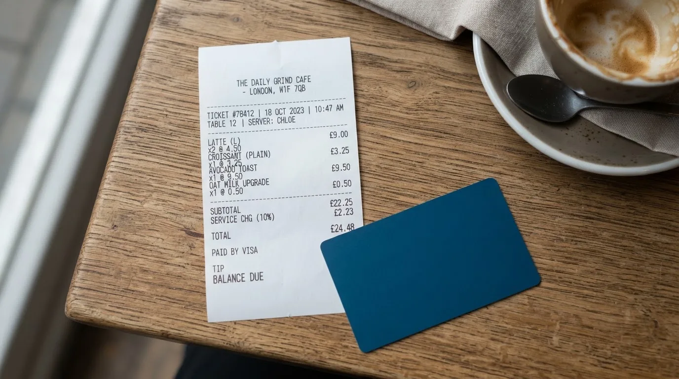 A receipt and a card on a café table