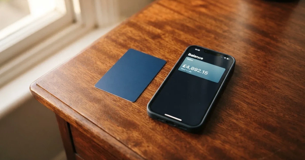 A payment card next to a phone with a crypto wallet app open