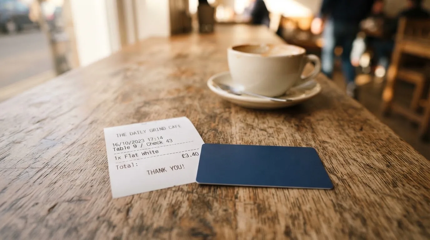 A receipt and a card on a café table