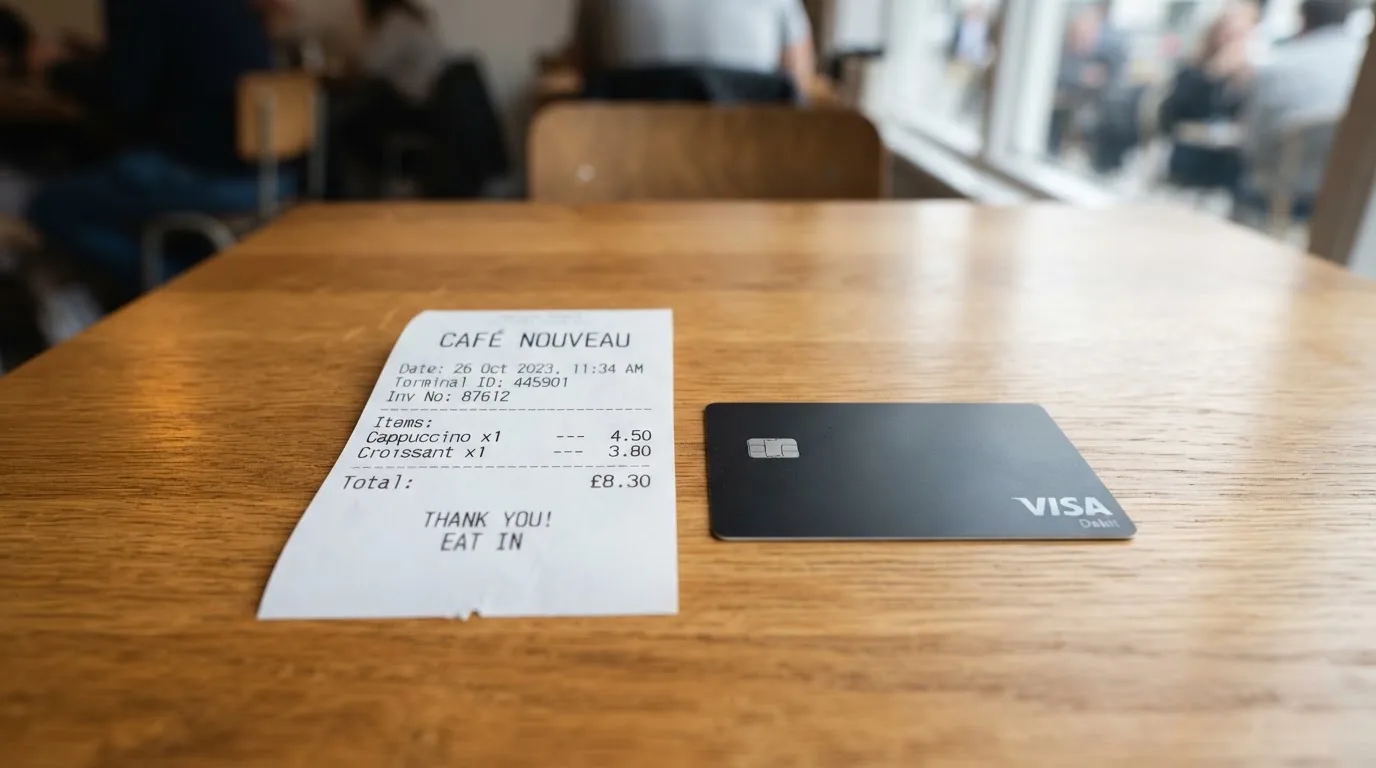 A receipt and a card on a café table