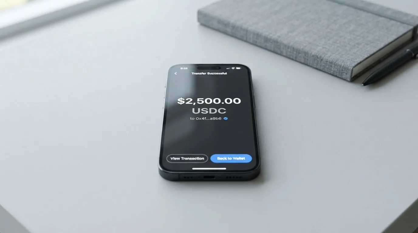 A phone showing a stablecoin transfer screen
