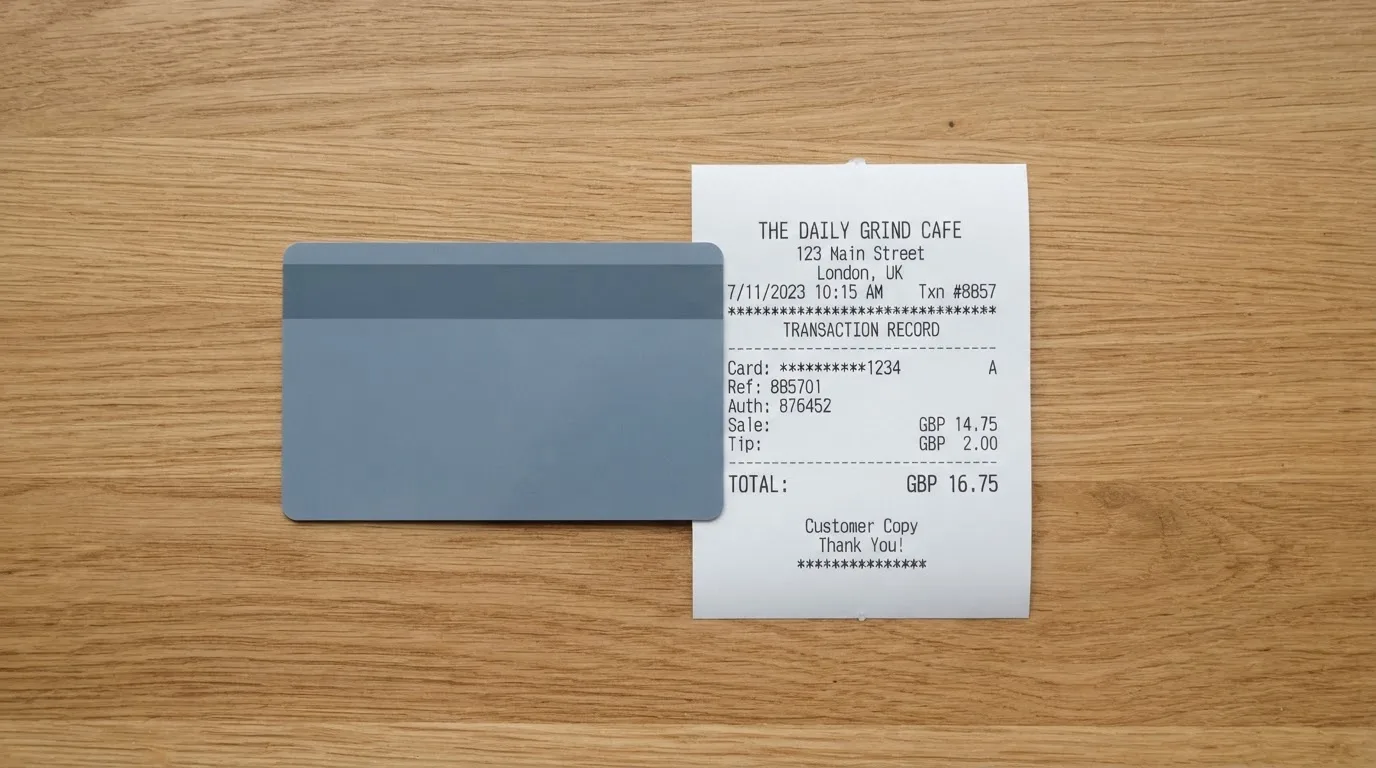 A receipt and a card on a café table