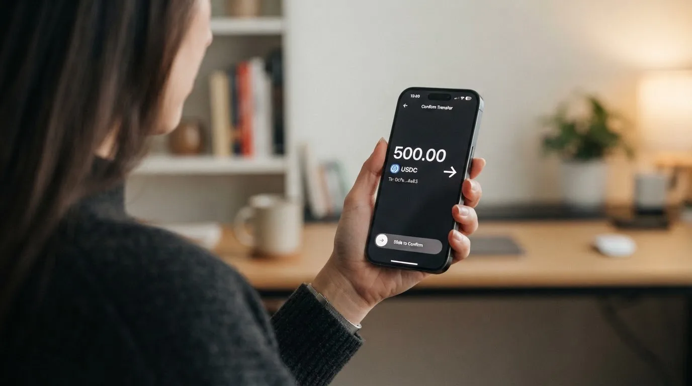 A phone showing a stablecoin transfer screen