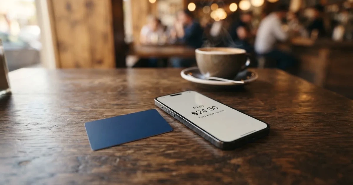 A payment card next to a phone with a crypto wallet app open