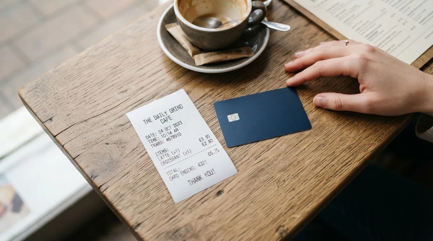 A receipt and a card on a café table