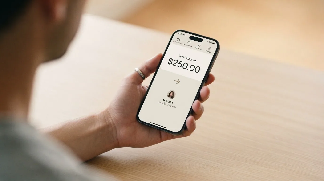 A phone showing a stablecoin transfer screen