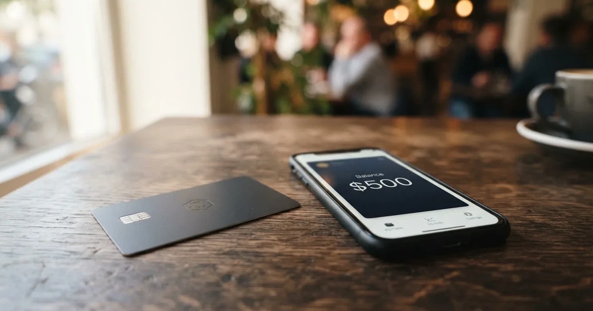A payment card next to a phone with a crypto wallet app open