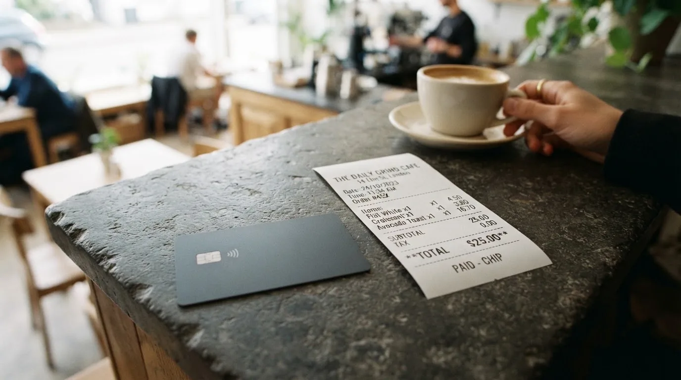 A receipt and a card on a café table