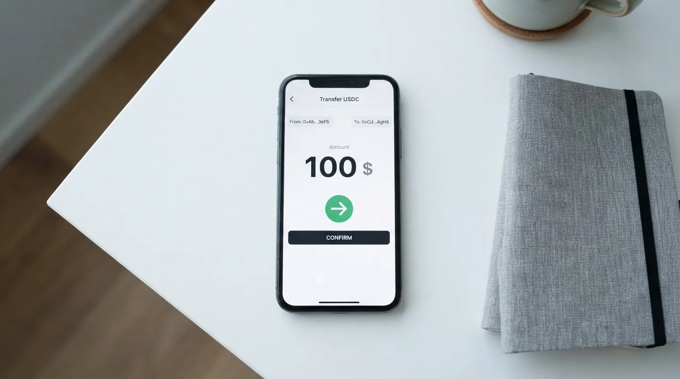 A phone showing a stablecoin transfer screen