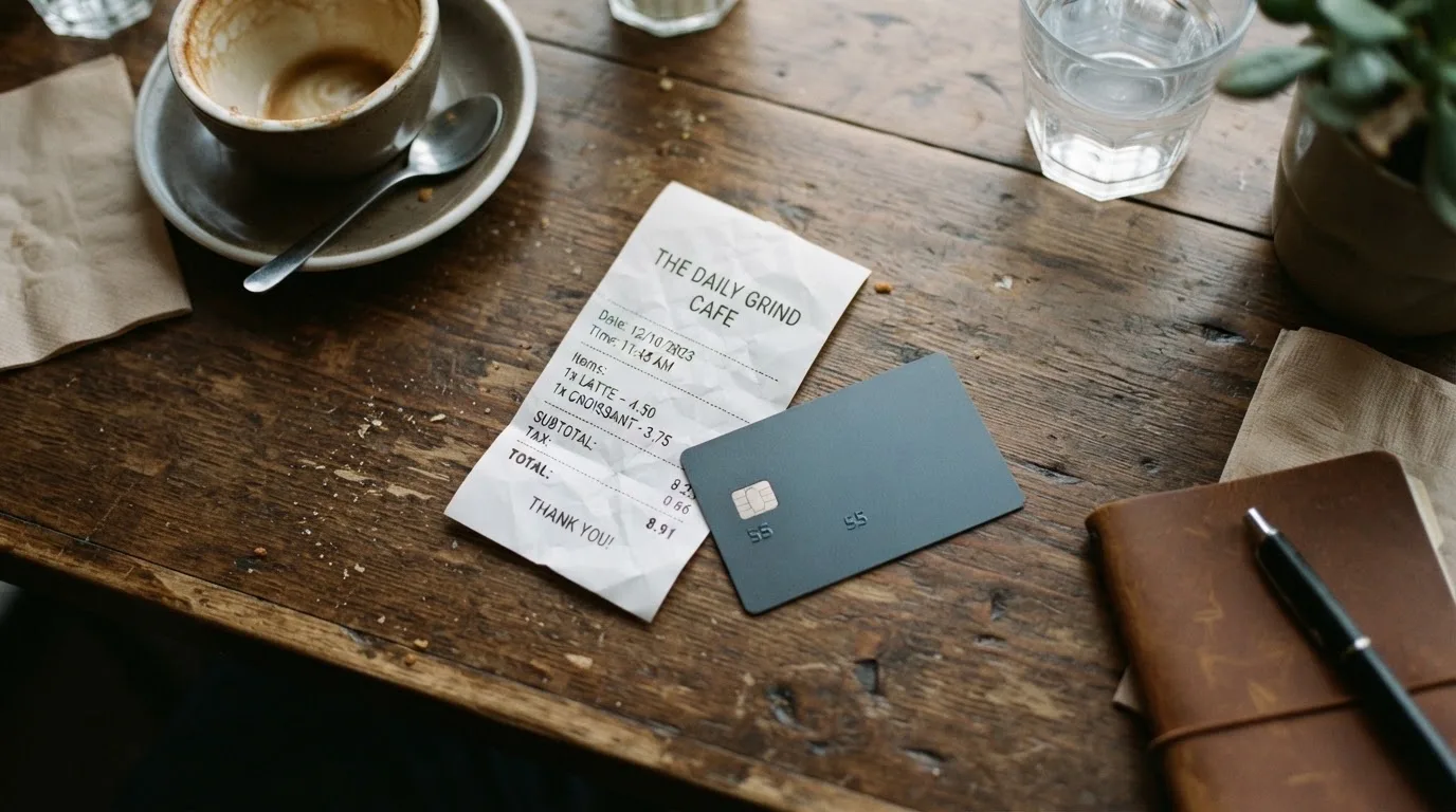 A receipt and a card on a café table