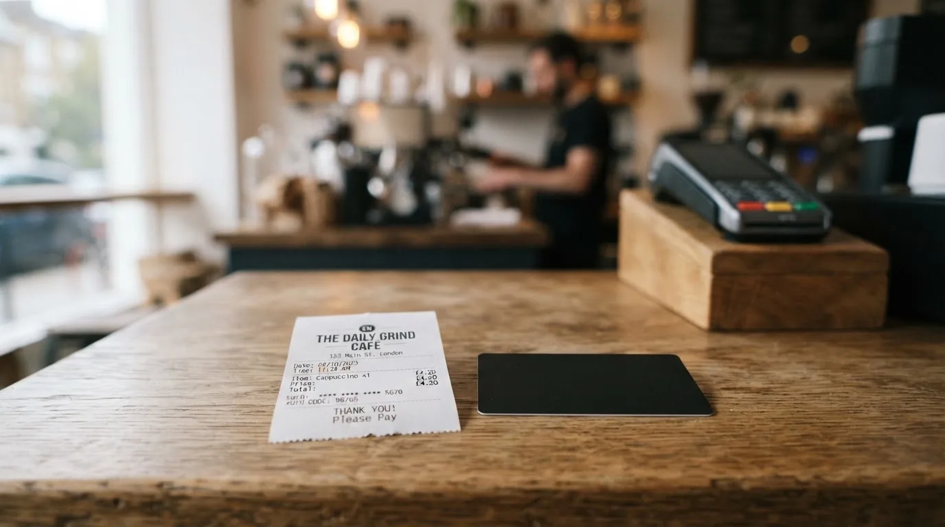 A receipt and a card on a café table