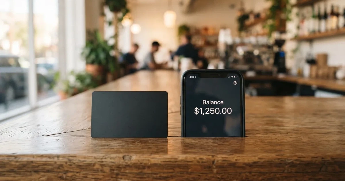 A payment card next to a phone with a crypto wallet app open