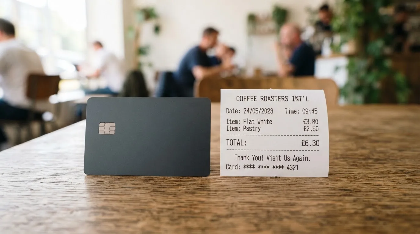 A receipt and a card on a café table