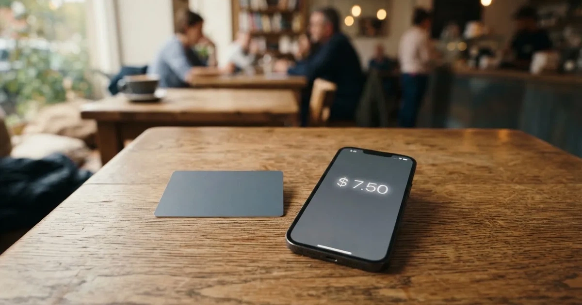 A payment card next to a phone with a crypto wallet app open