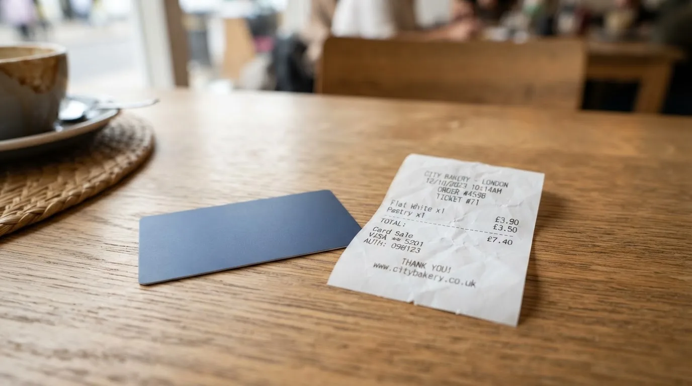 A receipt and a card on a café table