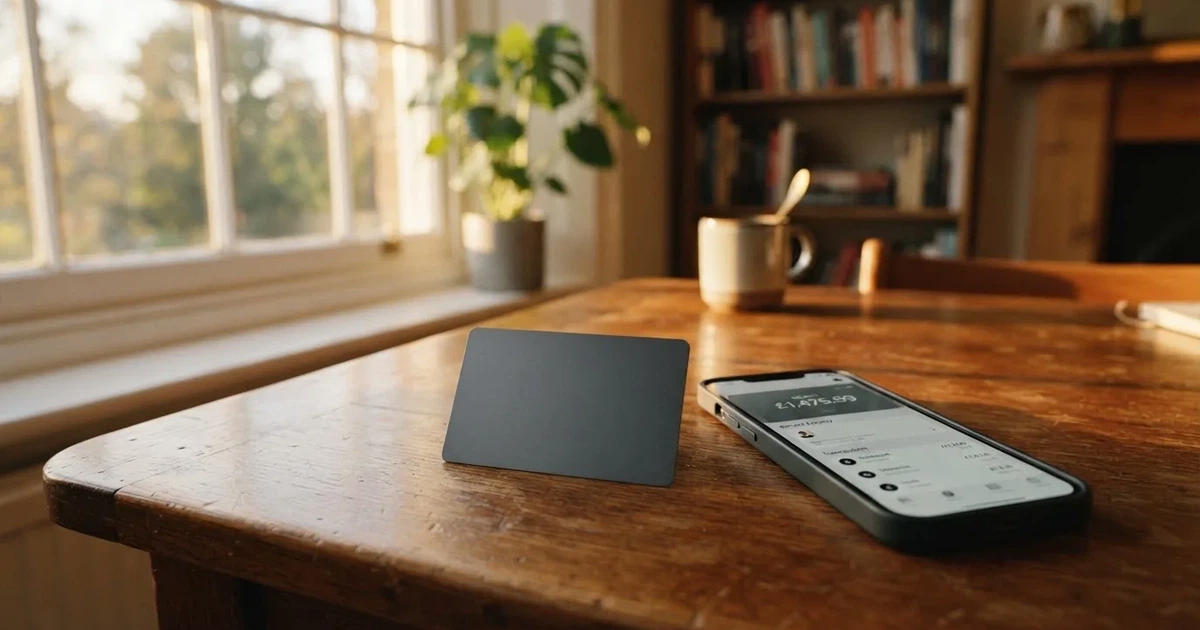 A payment card next to a phone with a crypto wallet app open