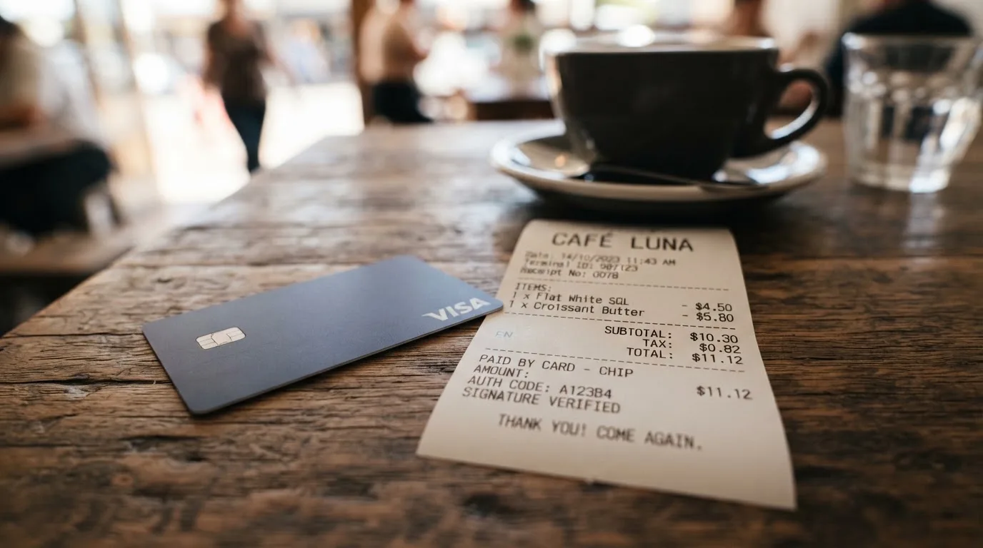 A receipt and a card on a café table