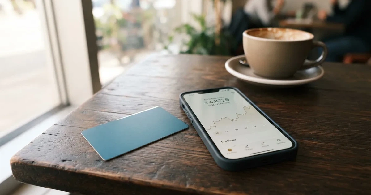 A payment card next to a phone with a crypto wallet app open