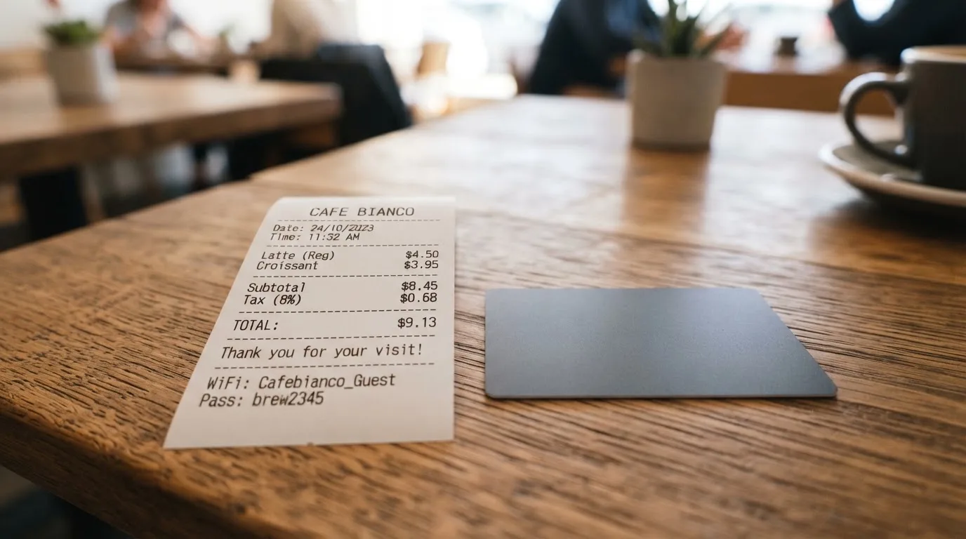 A receipt and a card on a café table