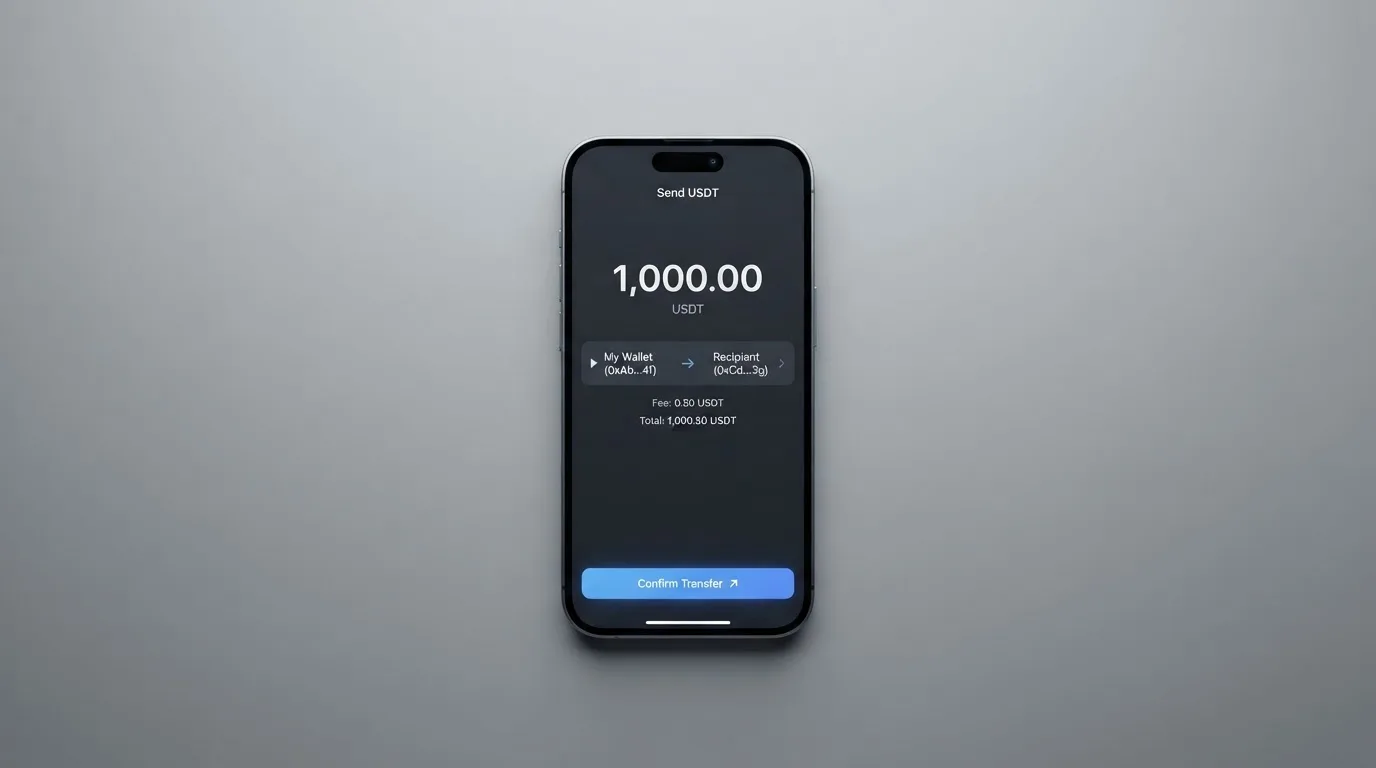 A phone showing a stablecoin transfer screen