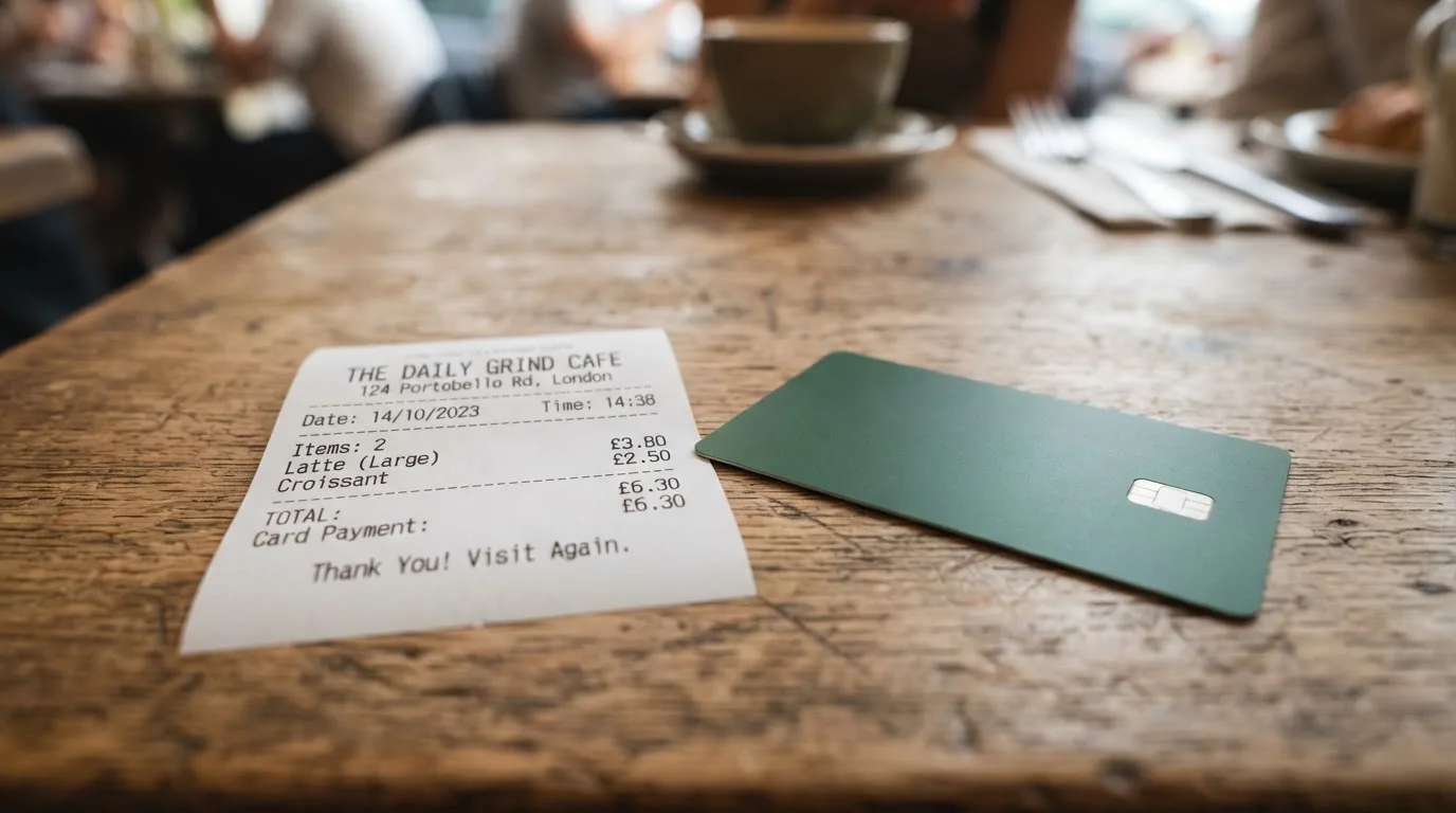 A receipt and a card on a café table