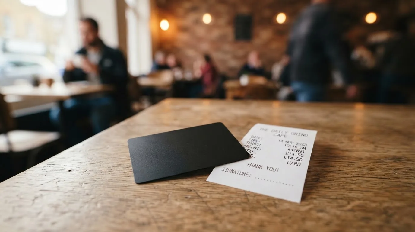 A receipt and a card on a café table