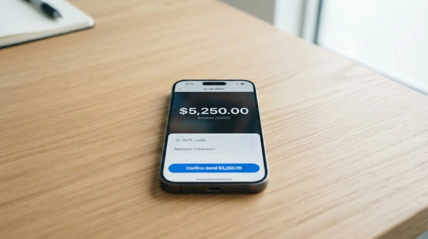 A phone showing a stablecoin transfer screen