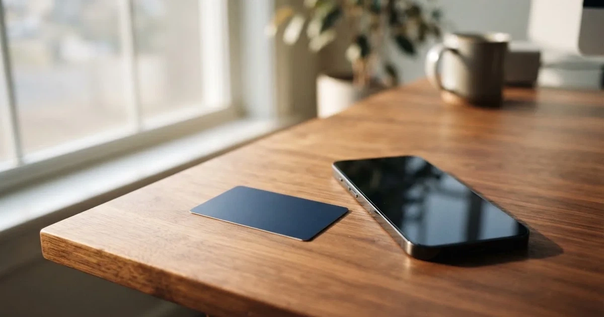 A payment card next to a phone with a crypto wallet app open