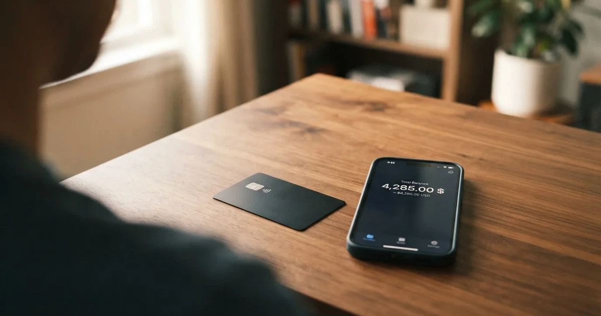 A payment card next to a phone with a crypto wallet app open