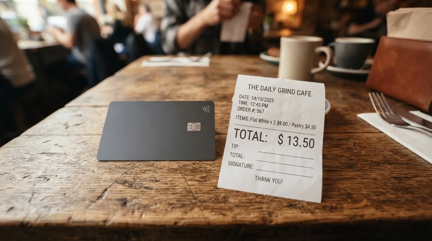 A receipt and a card on a café table