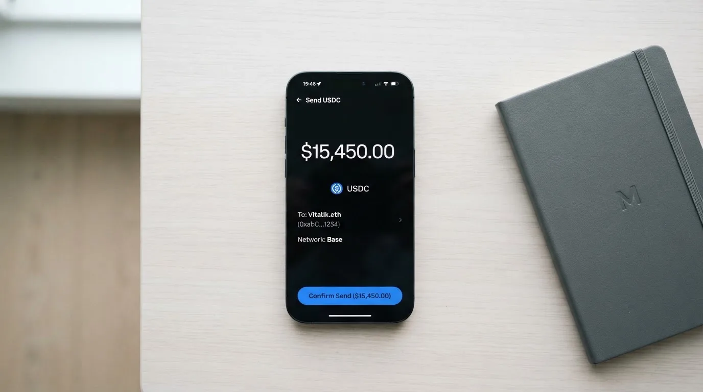 A phone showing a stablecoin transfer screen