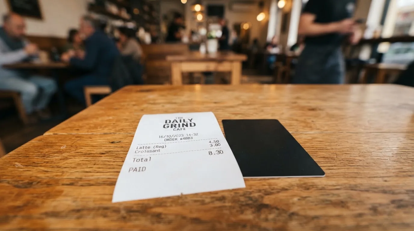 A receipt and a card on a café table