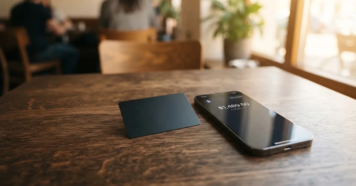 A payment card next to a phone with a crypto wallet app open