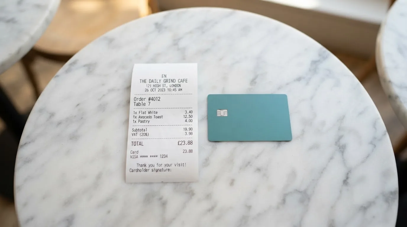 A receipt and a card on a café table