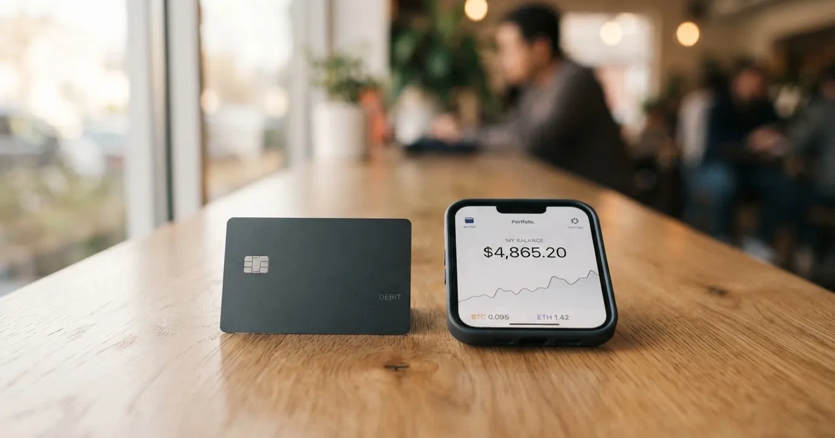 A payment card next to a phone with a crypto wallet app open