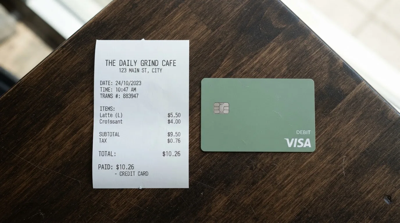A receipt and a card on a café table