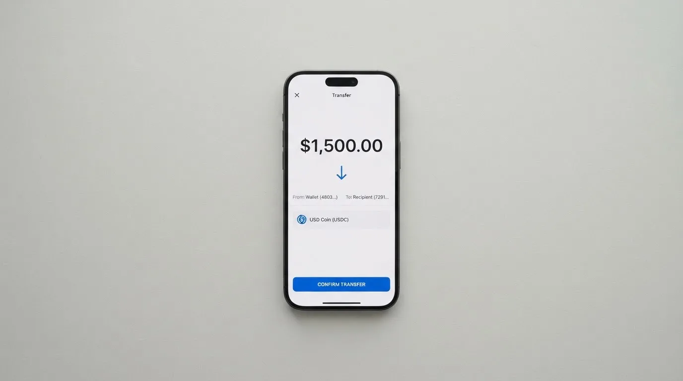 A phone showing a stablecoin transfer screen