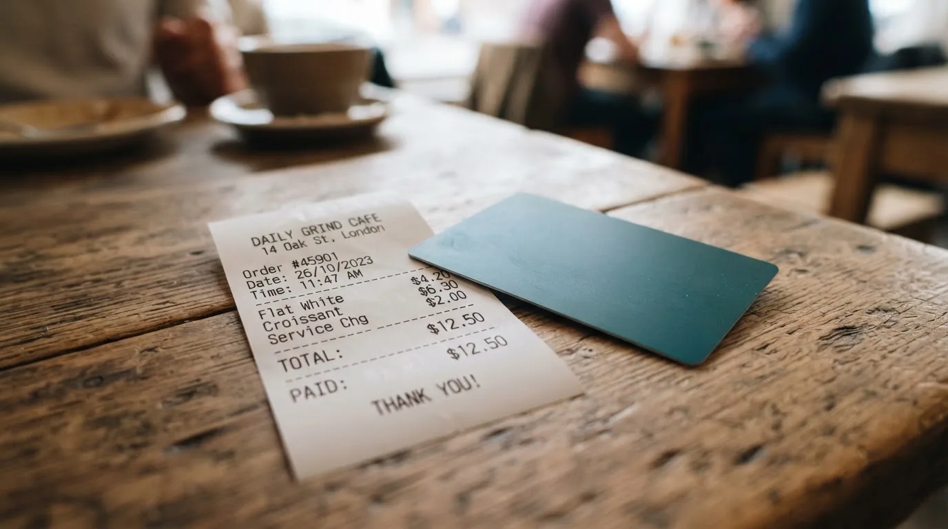 A receipt and a card on a café table