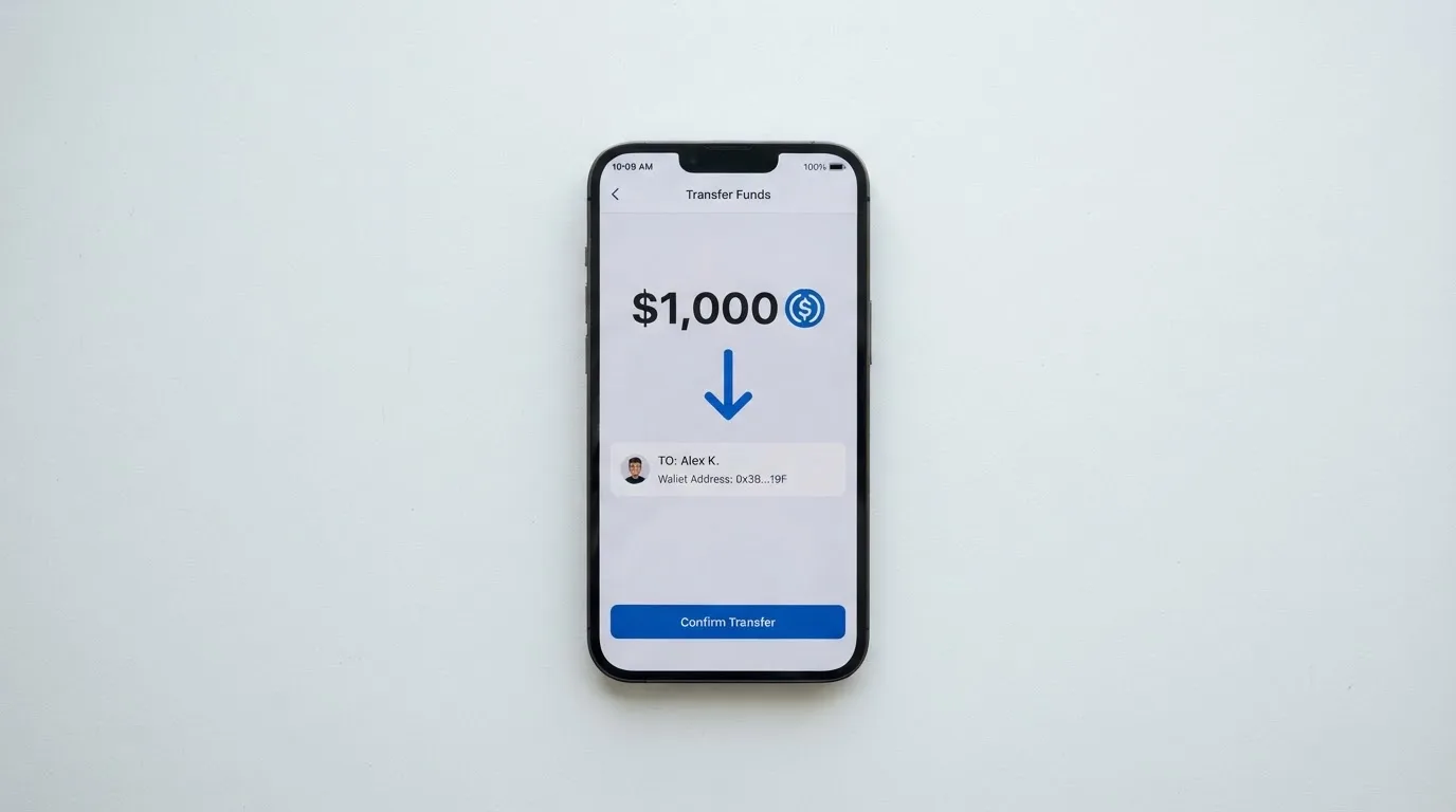 A phone showing a stablecoin transfer screen