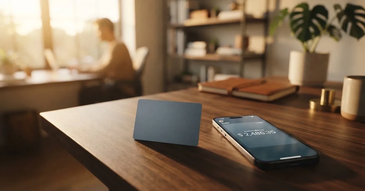 A payment card next to a phone with a crypto wallet app open