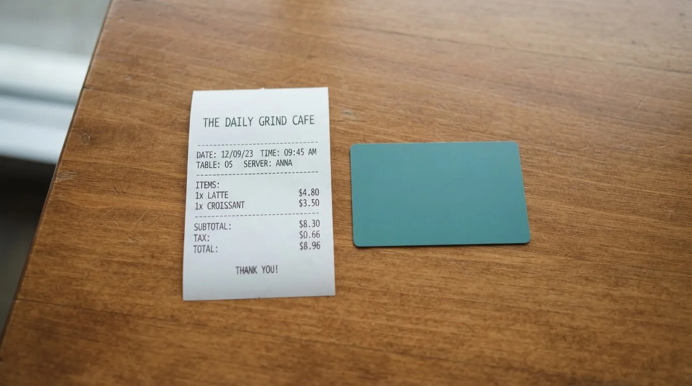 A receipt and a card on a café table