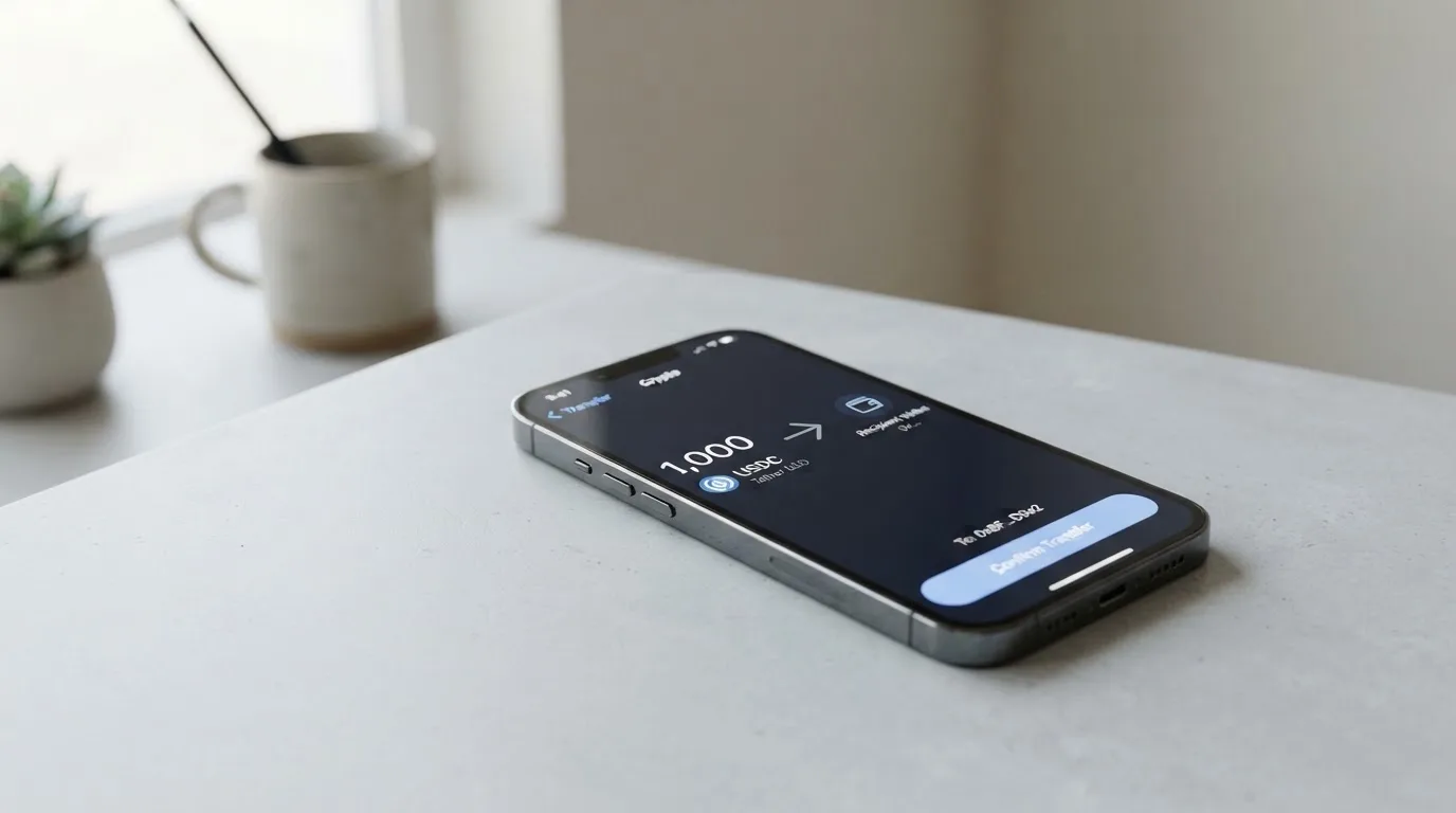A phone showing a stablecoin transfer screen