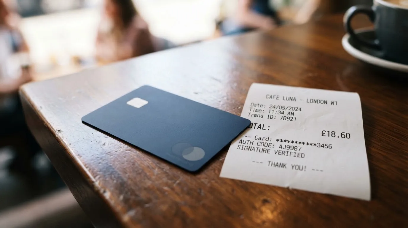 A receipt and a card on a café table