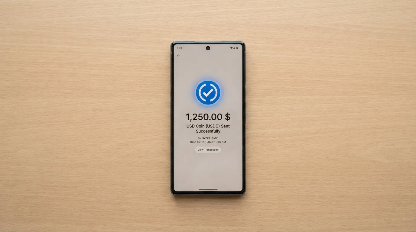 A phone showing a stablecoin transfer screen
