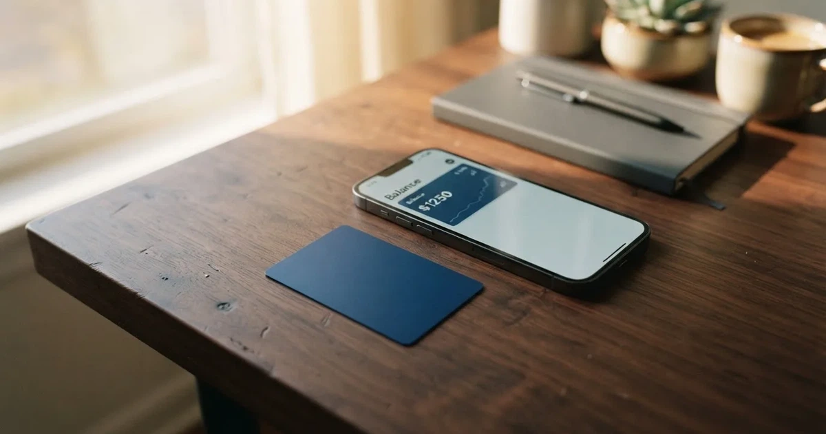 A payment card next to a phone with a crypto wallet app open