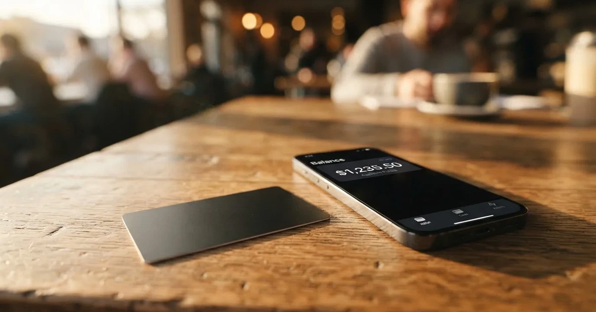A payment card next to a phone with a crypto wallet app open