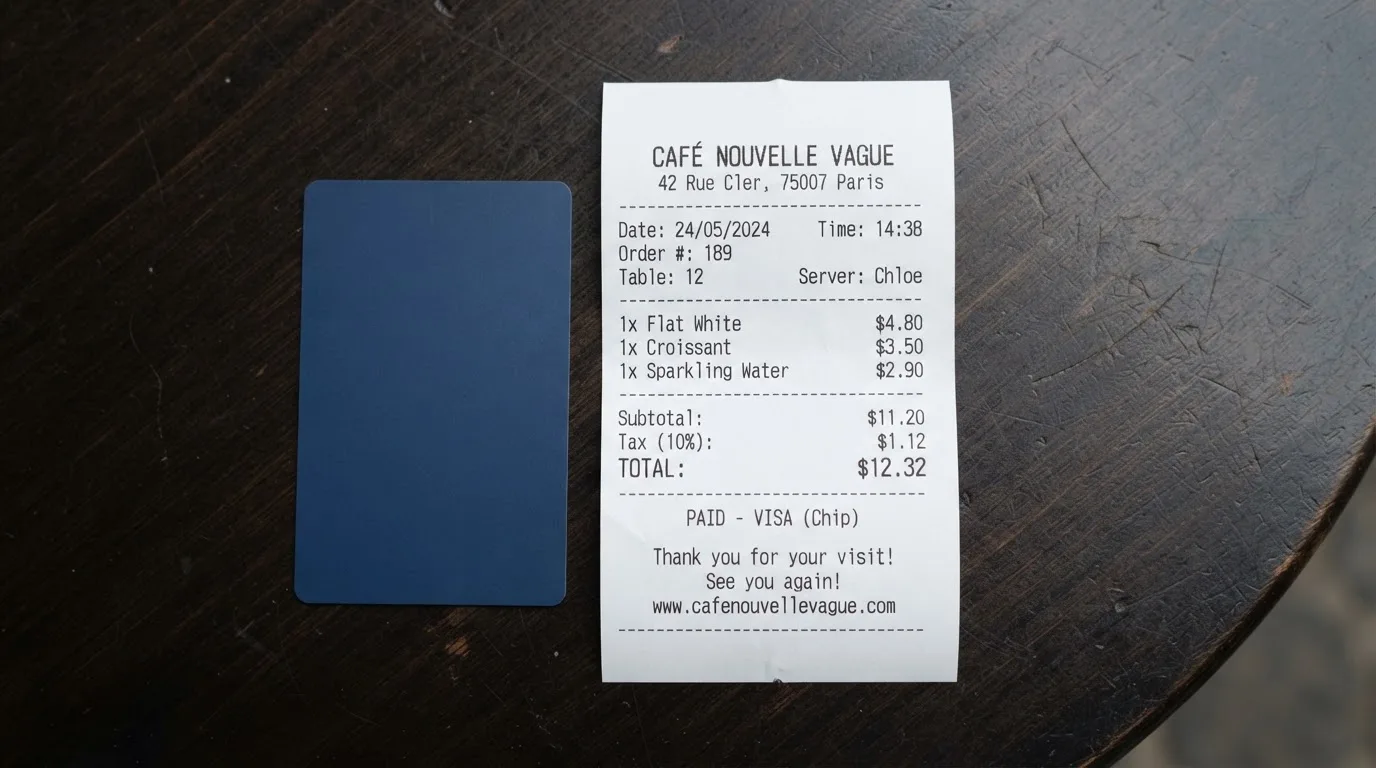 A receipt and a card on a café table