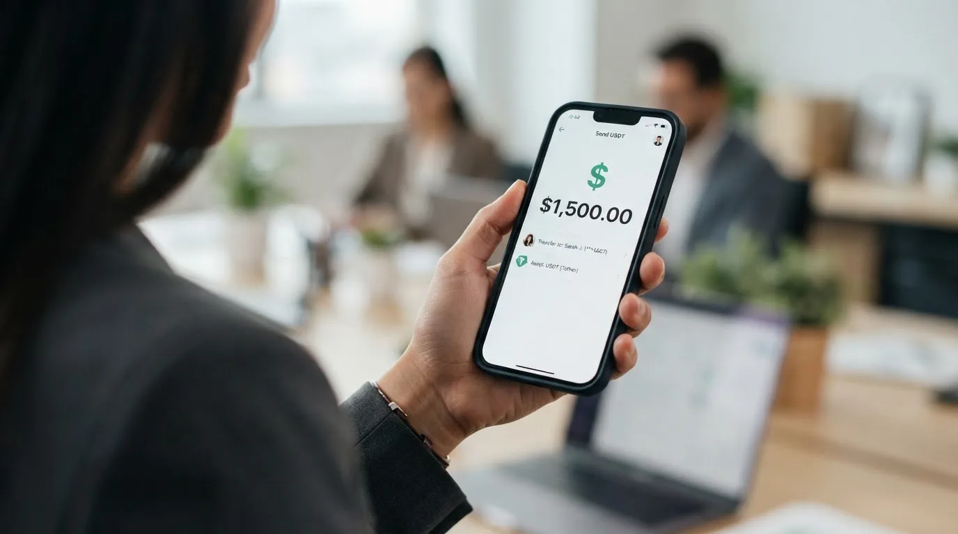 A phone showing a stablecoin transfer screen